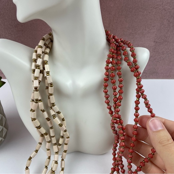 Teng Yue Red Cream Beaded Strand Necklace Boho Women Jewelry - Picture 2 of 7